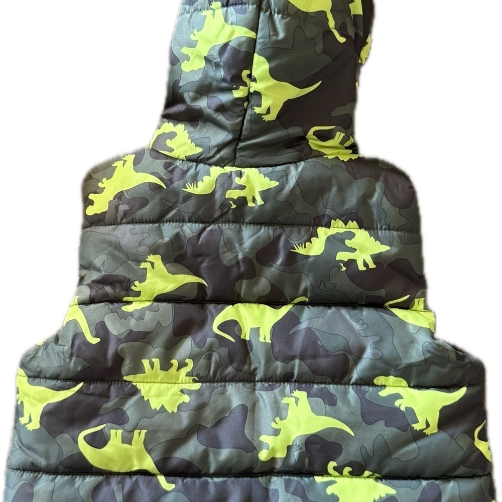 Kids Dinosaur Puffer Vest, size 2T, zippered front, green w/orange hood spikes - Picture 3 of 5